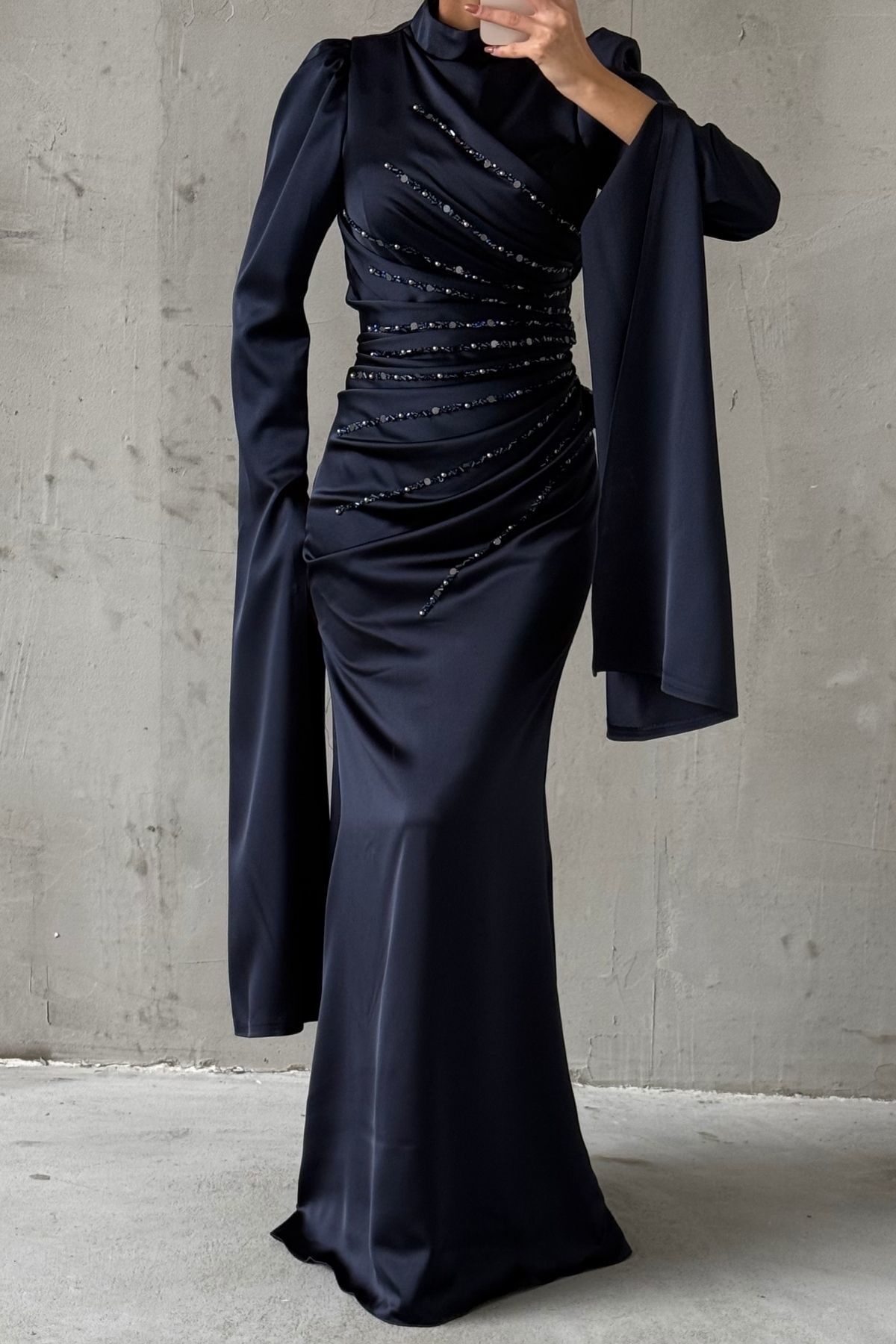 Satin Hijab Evening Dress Navy Blue with Unique Sleeve Design