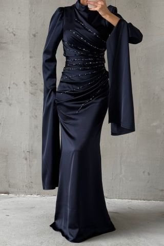 Satin Hijab Evening Dress Navy Blue with Unique Sleeve Design