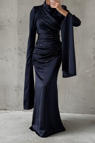 Satin Hijab Evening Dress Navy Blue with Unique Sleeve Design