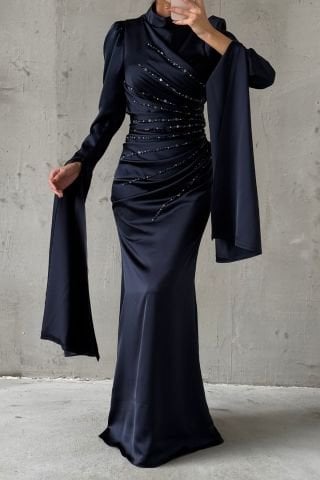 Satin Hijab Evening Dress Navy Blue with Unique Sleeve Design