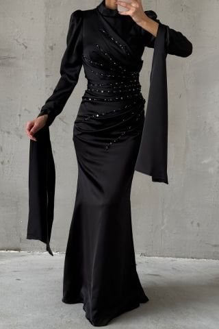Satin Hijab Evening Dress Black with Unique Sleeve Design