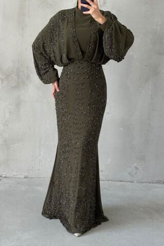 Modern Tasarım Şifon Tesettür Abiye Haki