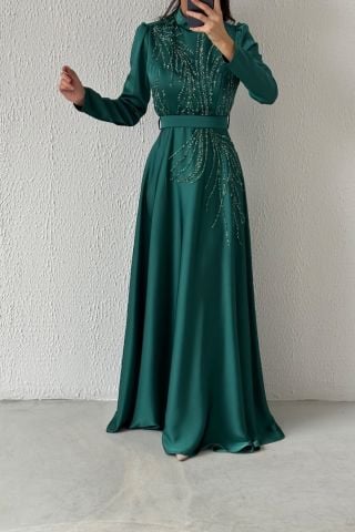 Dazzling Stone Detailed Satin Hijab Evening Dress Emerald