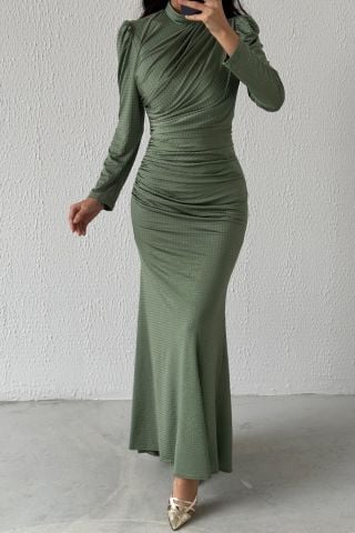 Fine Detailed Sendi Hijab Evening Dress Khaki