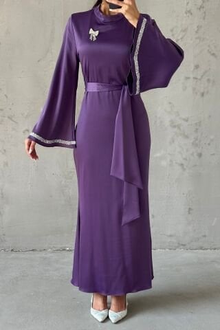 Kol Detaylı Eşsiz Tasarım Saten Tesettür Abiye Lila