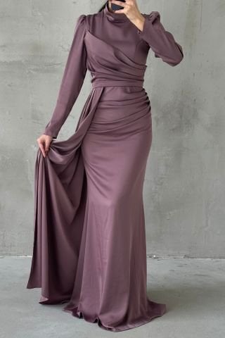 Draped Tail Detailed Hijab Evening Dress Mink