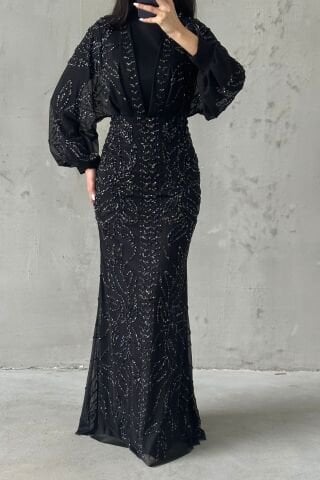 Taş İşlemeli Balon Kol Tesettür Abiye Siyah