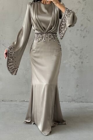 Zerafet Işıltısı Saten Tesettür Abiye Mint Yeşili