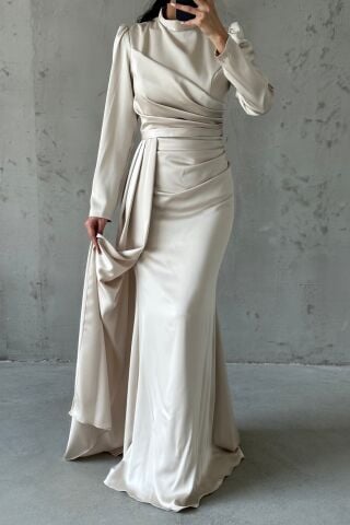 Draped Tail Detailed Hijab Evening Dress Stone