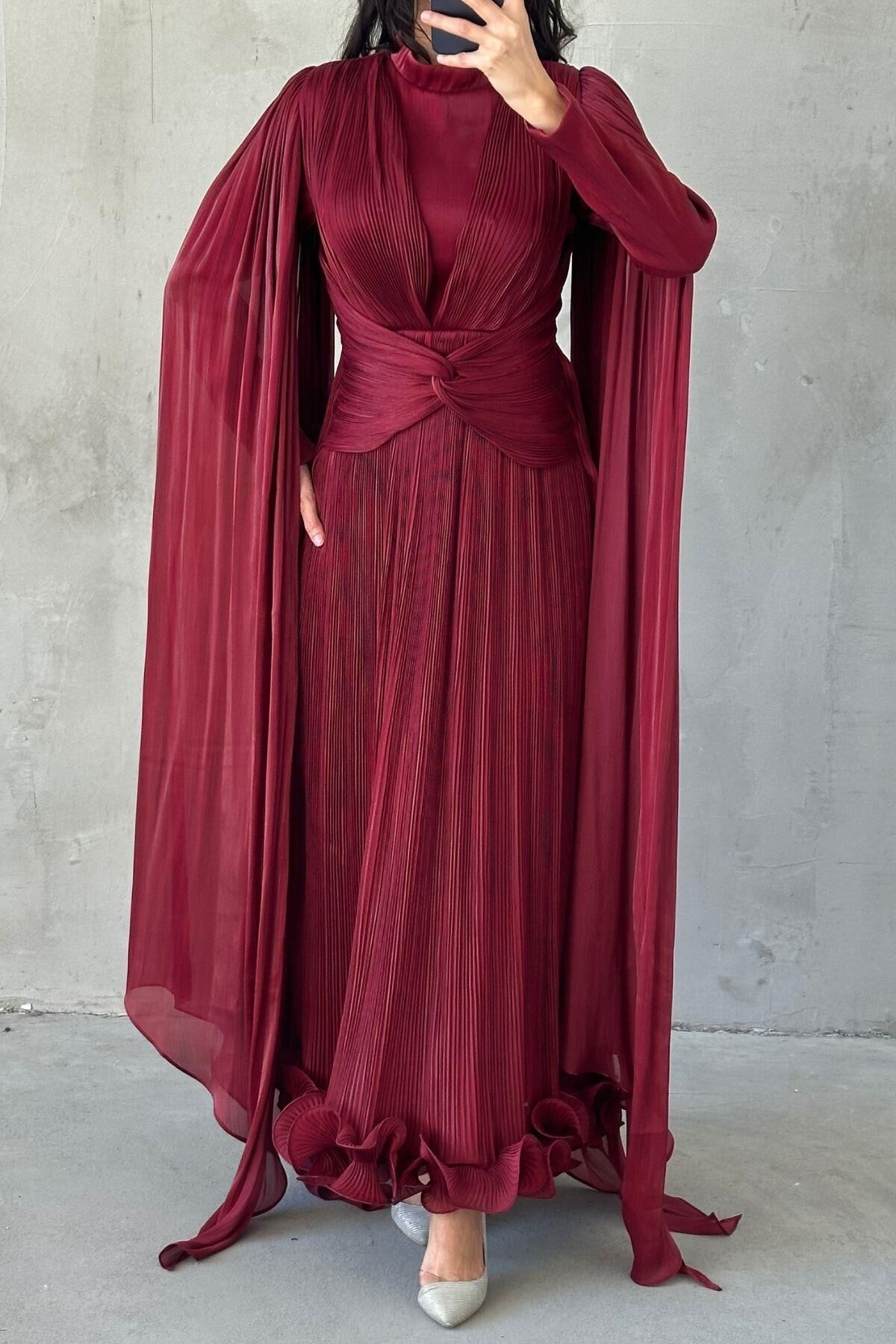 İnce Piliseli Zarif Janjan Tesettür Abiye Bordo