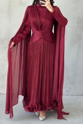 İnce Piliseli Zarif Janjan Tesettür Abiye Bordo