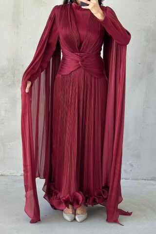 İnce Piliseli Zarif Janjan Tesettür Abiye Bordo