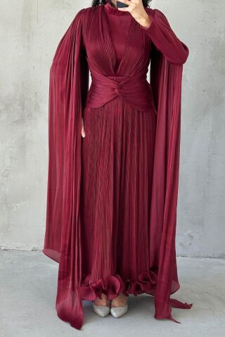 İnce Piliseli Zarif Janjan Tesettür Abiye Bordo