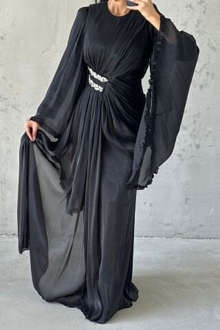 Işıltılı Kol Detaylı Janjan Tesettür Abiye Siyah