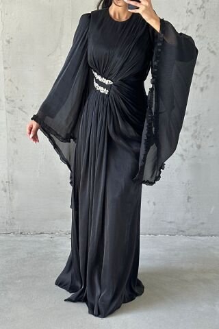 Işıltılı Kol Detaylı Janjan Tesettür Abiye Siyah
