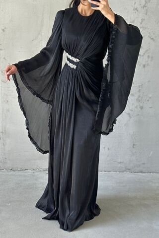 Işıltılı Kol Detaylı Janjan Tesettür Abiye Siyah