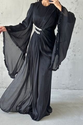 Işıltılı Kol Detaylı Janjan Tesettür Abiye Siyah