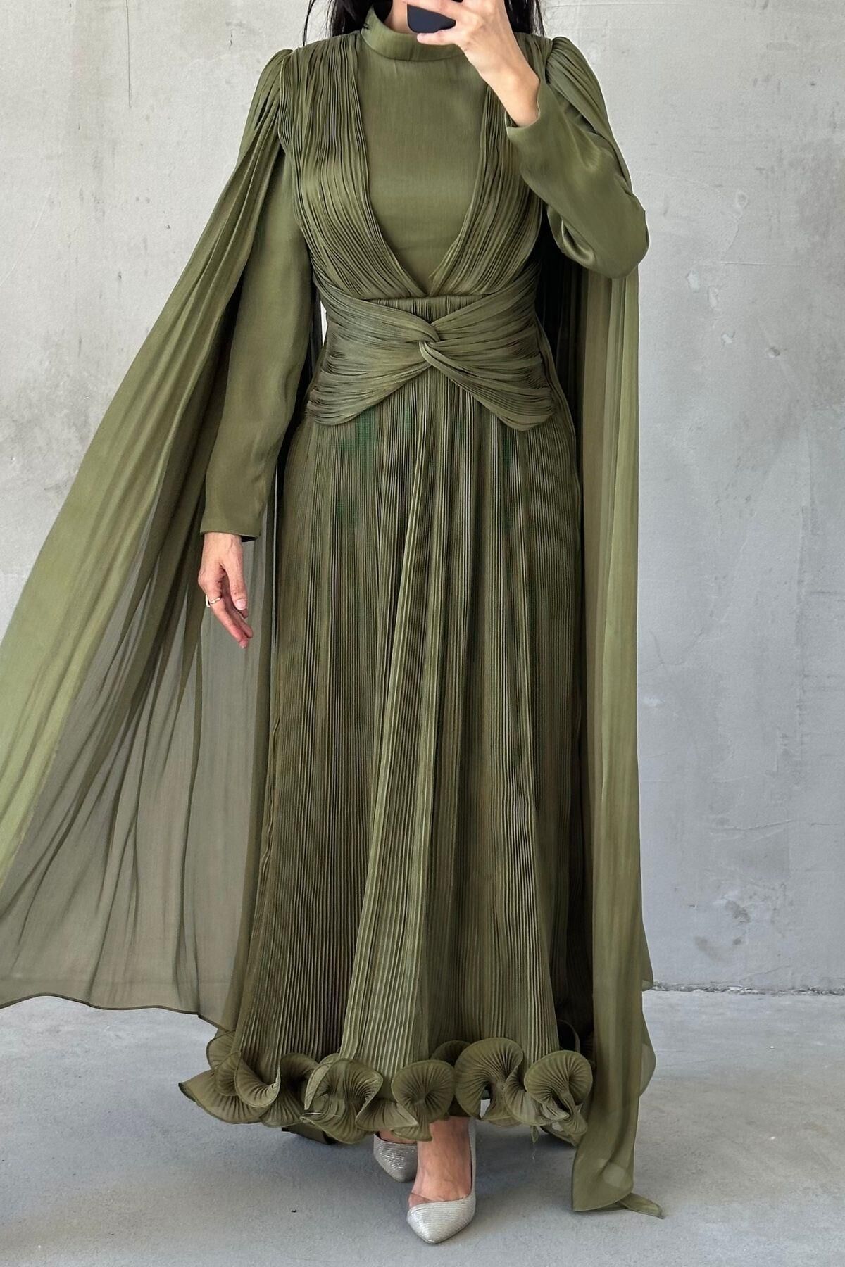 İnce Piliseli Zarif Janjan Tesettür Abiye Haki