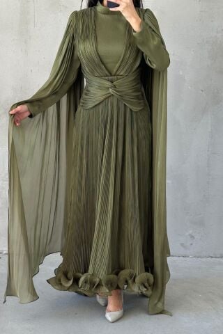 İnce Piliseli Zarif Janjan Tesettür Abiye Haki