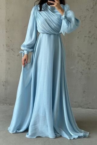 Drapeli Kuşak Detaylı Janjan Kumaş Tesettür Abiye Bebe Mavisi