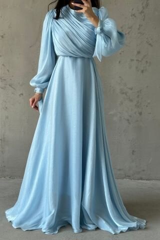 Drapeli Kuşak Detaylı Janjan Kumaş Tesettür Abiye Bebe Mavisi