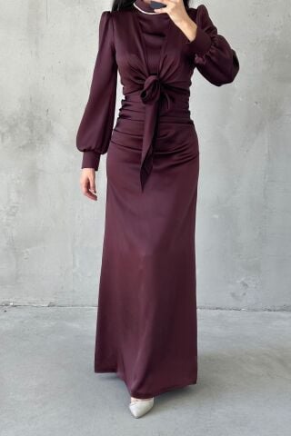 Kusursuz Detaylar Saten Tesettür Abiye Kahverengi