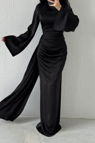 Tail Detailed Satin Hijab Evening Dress Black