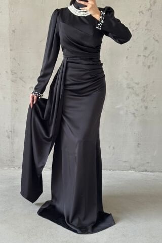 Satin Hijab Evening Dress with Pearl Detail on Sleeves and Neck and Tail Black