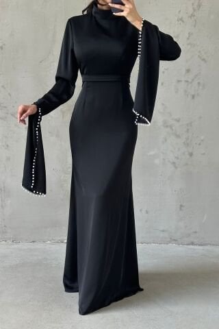 Satin Hijab Evening Dress with Slit Sleeves and Pearl Detail on the Sleeves Black