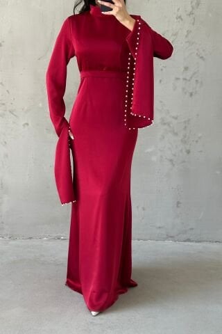 Satin Hijab Evening Dress with Slit Sleeves and Pearl Detail on the Sleeves, Burgundy