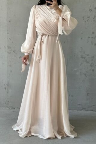 Drapeli Kuşak Detaylı Janjan Kumaş Tesettür Abiye Krem