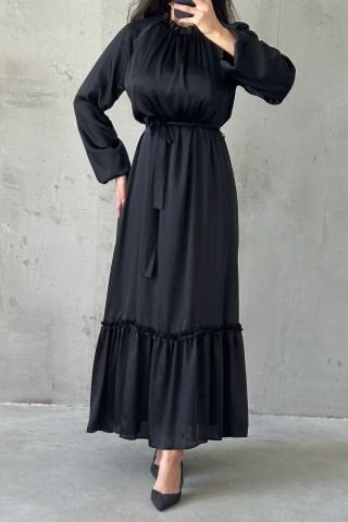 İnce Kemer Ve Fırfır Etek Saten Tesettür Abiye Siyah