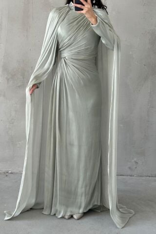 Kolları Pelerinli Yakası Taşlı Janjan Tesettür Abiye Mint Yeşili