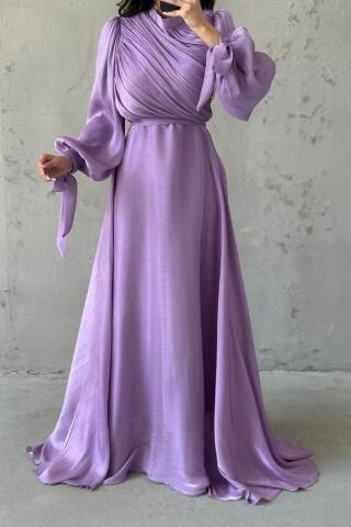 Drapeli Kuşak Detaylı Janjan Kumaş Tesettür Abiye Lila