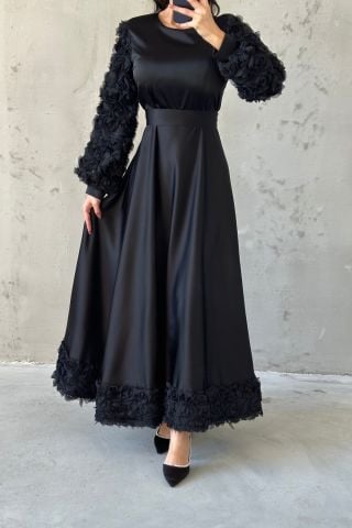 Satin Hijab Evening Dress with Hem and Sleeve Details Black