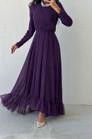 Chiffon Hijab Evening Dress Purple with Lace and Stone Detail on the Hem