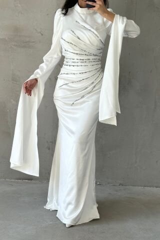 Satin Hijab Evening Dress White with Unique Sleeve Design