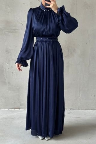 Flowing Satin Fabric Pearl Detailed Hijab Evening Dress Navy Blue