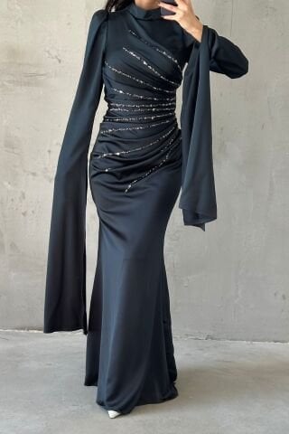 Satin Hijab Evening Dress Emerald Green with Unique Sleeve Design