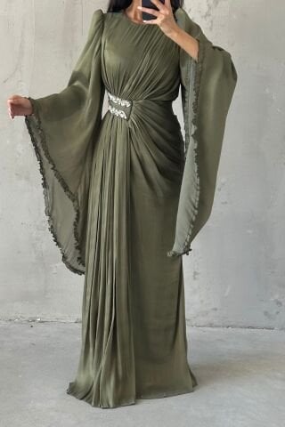 Işıltılı Kol Detaylı Janjan Tesettür Abiye Haki