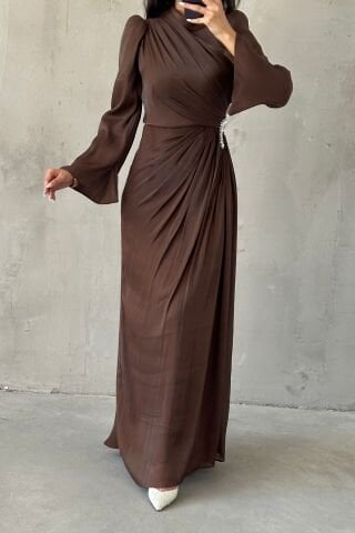 Volan Kol Drapeli Janjan Tesettür Abiye Kahverengi