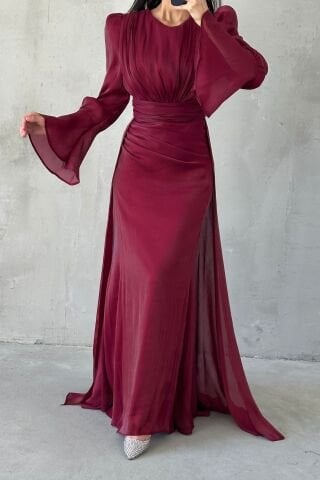 Drape Ve Pelerin Detaylı Janjan Tesettür Abiye Bordo