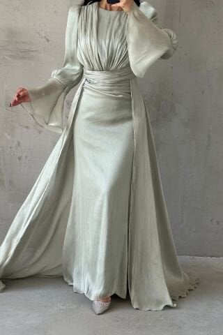 Drape Ve Pelerin Detaylı Janjan Tesettür Abiye Mint Yeşili
