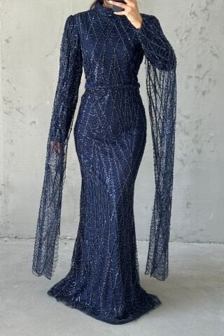 Işıltılı İşlemeli Uzun Kollu Tesettür Abiye Lacivert