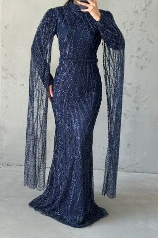 Işıltılı İşlemeli Uzun Kollu Tesettür Abiye Lacivert