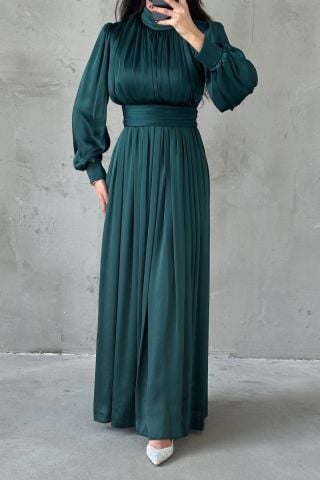 Elegant Pleated Organza Hijab Evening Dress Green