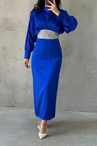 Modern Design Buttoned Satin Hijab Evening Dress Saxe Blue