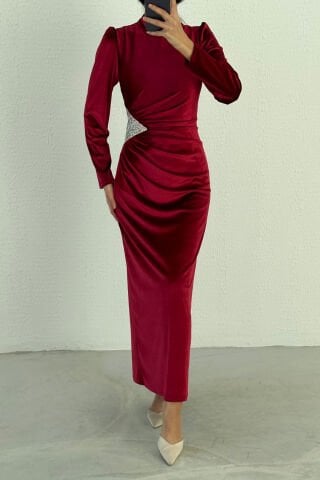 Velvet Hijab Evening Dress with Sequin Detail at Waist Claret Red