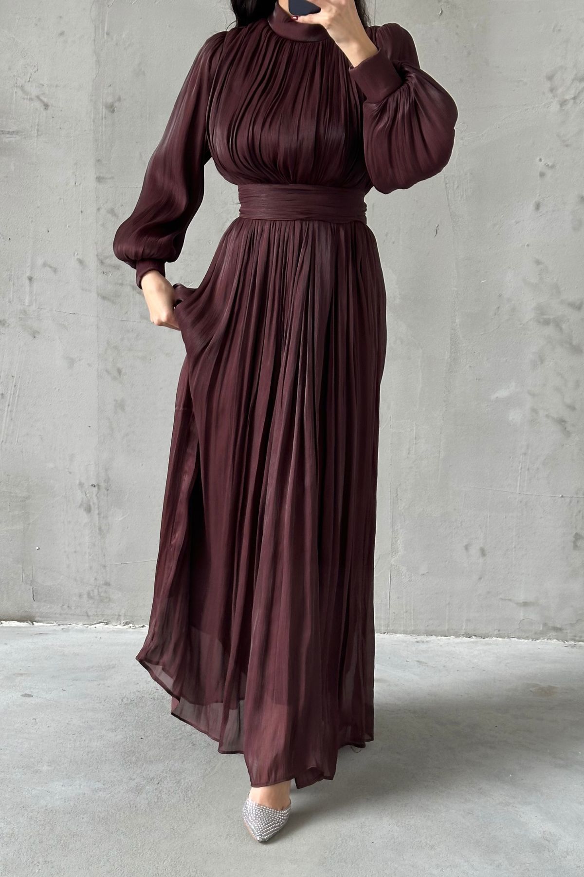 Elegant Pleated Organza Modest Evening Dress Dark Brown