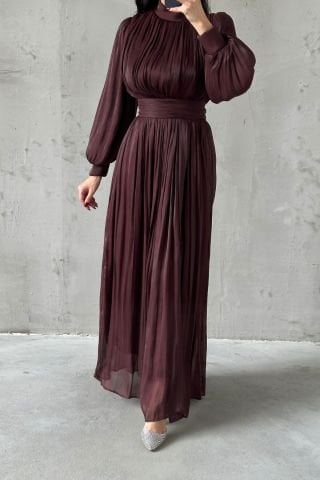 Elegant Pleated Organza Modest Evening Dress Dark Brown